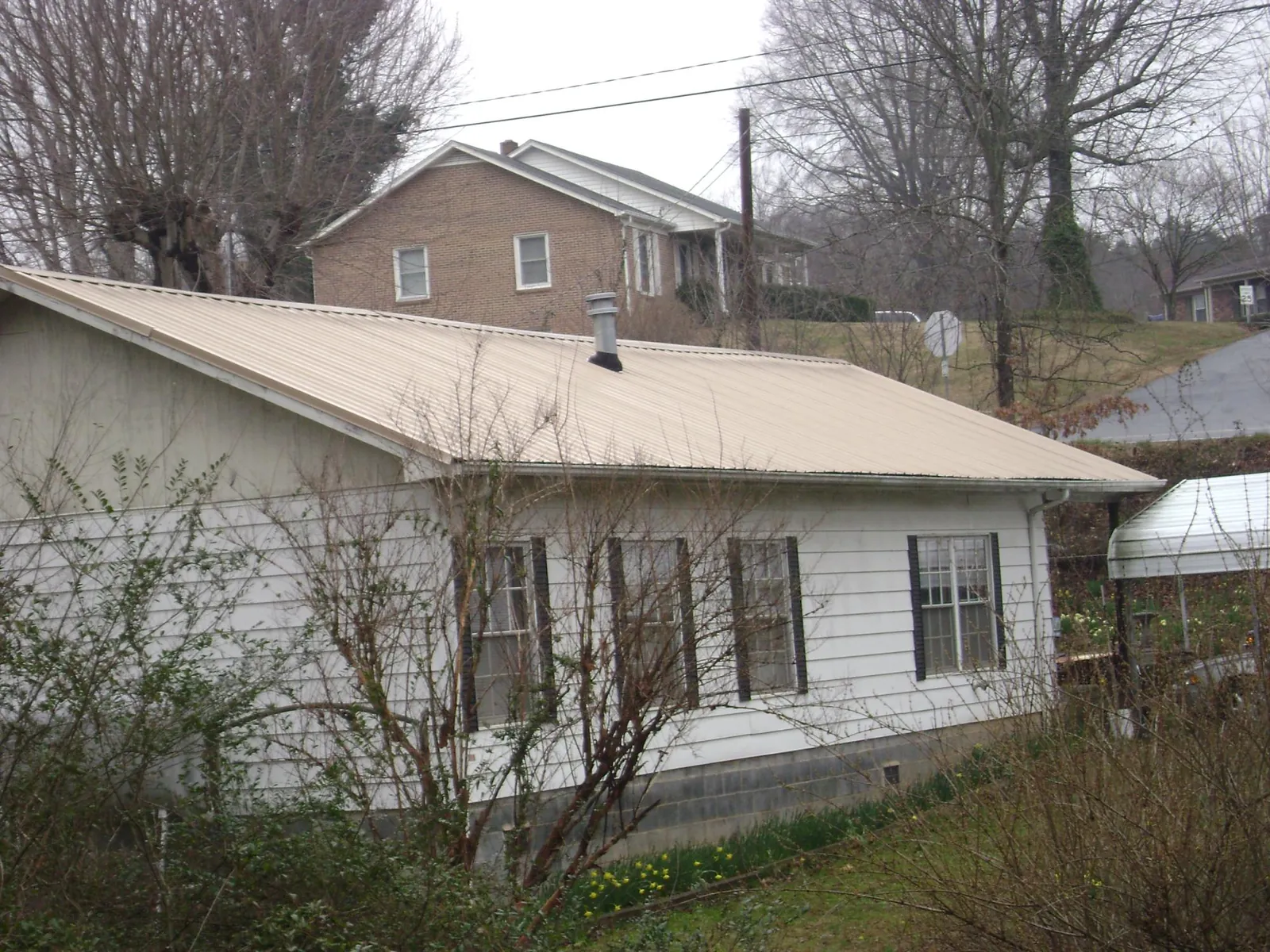 Tan metal roof on a white sided house set into a hillside — Commercial Roofing by Roofing Brothers in Equinunk